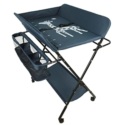 Afbeelding van Luiertafel, inklapbaar, in hoogte verstelbaar, met opbergmand, veiligheidsgordel en 4 wielen rem (donkerblauw)