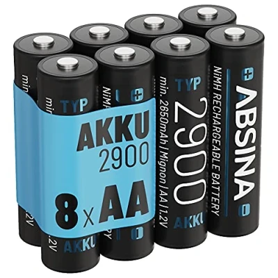 Afbeelding van ABSINA Accu AA Mignon 2900 8X NiMH oplaadbare batterij met min. 2650mAh &amp; 1,2V batterijen voor apparaten een hoog stroomverbruik ideaal flitser, Wii Xbox Controller