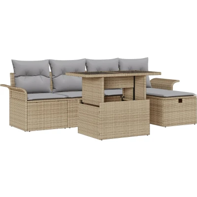 Afbeelding van vidaXL 6 delige tuinsofa set met kussens in beige poly riet