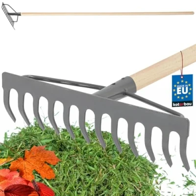 Afbeelding van KOTARBAU® hark van metaal met 12 tanden houten steel, tuinhark versterkte kop, voor bladeren en gras, steenhark, bladbreken, gazonhark, tuingereedschap,