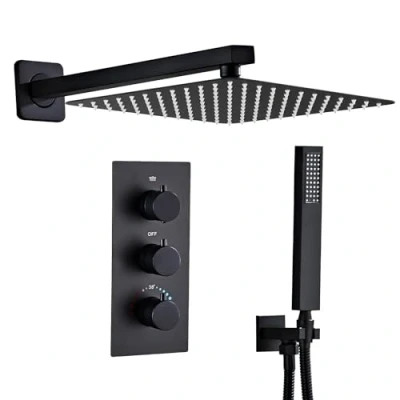 Afbeelding van Sanitemodar Douchesysteem met thermostaat, zwart, 30 cm, hydromassage douchesysteem, douchezuil douchekop, complete doucheset mengkraan