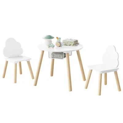 Afbeelding van WOLTU Set met tafel en stoelen voor kinderen, ronde houten 2 kindertafel Montessori stoelen, 3 delig, speelkamer, kleuterschool, wit