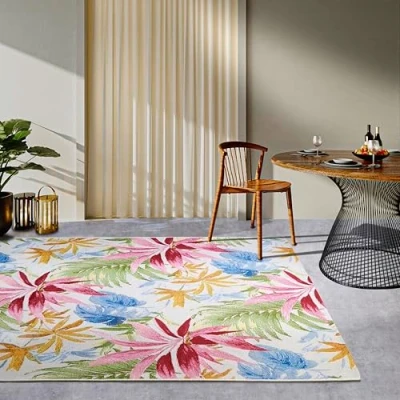 Afbeelding van Villeroy &amp; Boch Victor Vloerkleed voor binnen en buiten, modern plat geweven buitentapijt, tropische bladeren design, Öko Tex weerbestendig uv bestendig balkon, terras, tuin, crème