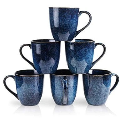 Afbeelding van vicrays steengoed Theemok set van 6, 350 ml, koffiemok voor mannen, vrouwen, unieke geglazuurde mokken met handvat koffie, thee, melk, cacao, granen (sterrenblauw)