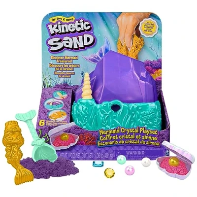 Afbeelding van Kinetic Sand Kristal Zeemeermin met goudkleurig glinsterend speelzand opbergbak en gereedschap