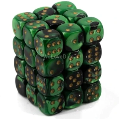 Afbeelding van Chessex D &amp; dobbelstenen 12 mm Gemini zwart, groen en goud plastic veelvlakkige set kerkers draken bevat 36 D6, (CHX26839)