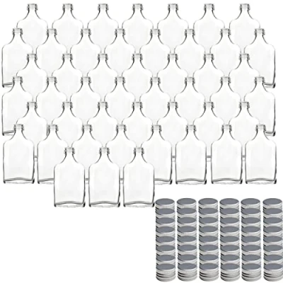Afbeelding van gouveo Set van 48 glazen flessen, 40 ml, heupfles met schroefdop, zilverkleurig, mini fles 0,04 l om te vullen, flesjes voor likeur, whisky, jenever of knutselen