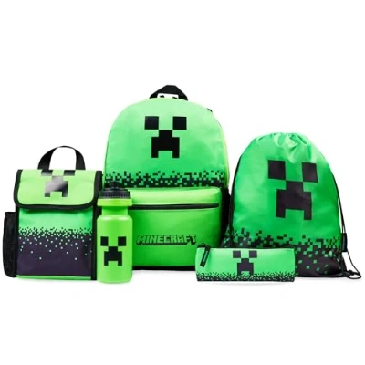 Afbeelding van Minecraft Rugzak voor kinderen, 5 delige sets met lunchtas, drinkfles en etui, gymtas of sleutelhanger, gamer, cadeau, groen, 5er Set, Rugzakset delig