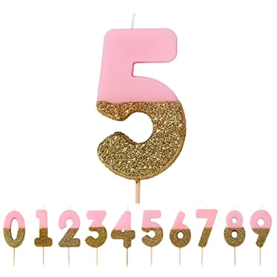 Afbeelding van Talking Tables Roze nummer 5 verjaardagskaars met gouden glitter Taarttopper decoratie Mooi, sprankelend voor kinderen, volwassenen, 50e verjaardagsfeestje, hoogte 8cm, 3&quot;, meerkleurig