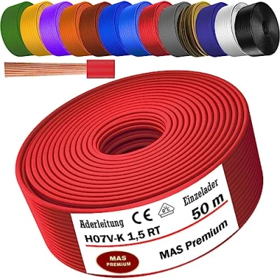 Afbeelding van Van 5 tot 100 m aderkabel H07 V K 1 x 1,5 mm² zwart, lichtblauw, groen/geel, groen, rood, donkerblauw, bruin, oranje, grijs, wit, paars, ultramarijnblauw of geel, enkele ader flexibel (rood, 50 m)