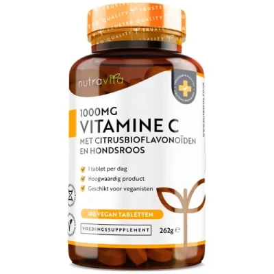 Afbeelding van Nutravita Vitamine C 1000 mg Ascorbinezuur Voedingssupplementen voor je weerstand met hoge sterkte, 180 vegan en vegetarische immuun tabletten (6 maanden voorraad), toegevoegde bioflavonoïden rozenbottel, normaal immuunsysteem