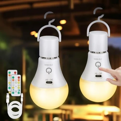 Afbeelding van Kimjo Oplaadbare Gloeilamp met Batterij, Afstandsbediening E27 USB 7W, 3 Kleuren Dimbaar Tijdfunctie, Touch Control Outdoor Noodverlichting 2 Stuks