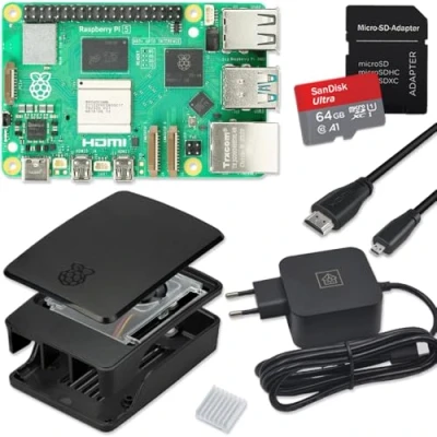 Afbeelding van smart home komponente Raspberry Pi 5 8 GB Starter Kit / USB C 45W voeding behuizing met ventilator 32GB SD kaart Micro HDMI kabel 1m RAM