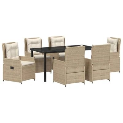 Afbeelding van vidaXL 7 Delige Tuin Eettafel Set Beige Poly Rattan, Tafel Zwart 160x80x73 cm Gehard Glas