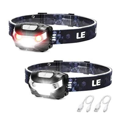 Afbeelding van LE USB oplaadbare voorhoofdlamp, LED hoofdlamp met 5 lichtstanden schijnwerper en rood licht, IPX4 spatwaterdichte behuizing, ideaal voor op de camping, joggen, inclusief kabel