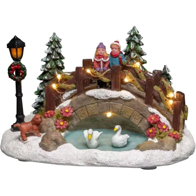 Afbeelding van KONSTSMIDE Kerstfiguur Kerst versiering Led tafereel vijver met brug (1 stuk)