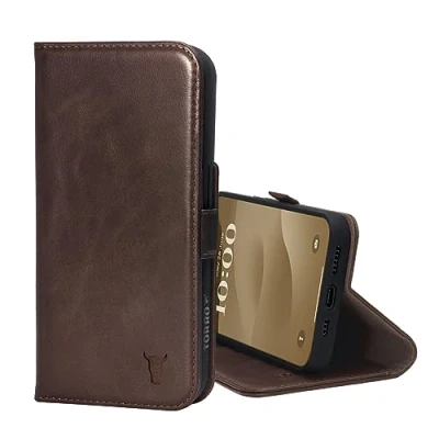 Afbeelding van TORRO Case Compatibel met iPhone 15 Premium lederen portemonneehoes standaard en kaartsleuven (Donker Bruin)