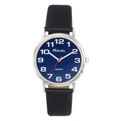 Afbeelding van Ravel Uniseks polshorloge met grote cijfers analoog kwartsuurwerk R0105, zwart/zonneblauw, Unisex 36mm case, armband