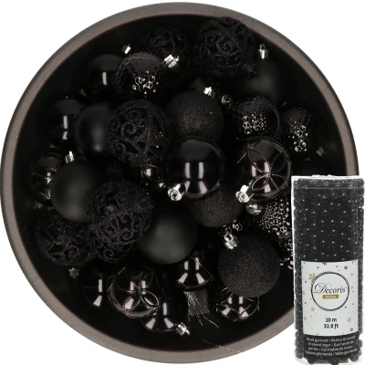 Afbeelding van 37x stuks kunststof kerstballen 6 cm inclusief kralenslinger zwart Kerstbal