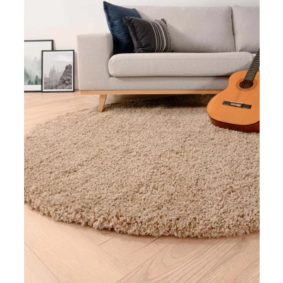 Afbeelding van Rond Hoogpolig Tapijt/Vloerkleed Shaggy Grand Effen Beige 80 Cm