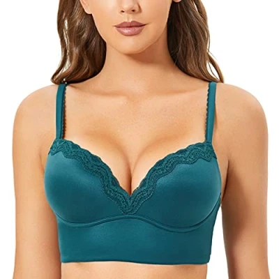 Afbeelding van Dobreva Vrouwen Bloemen Kant Gewatteerde Draadloze Push Up Bralette Longline BH Sparren Groen 90C