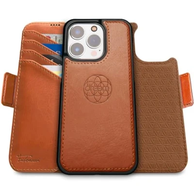 Afbeelding van Dreem Fibonacci compatibel met iPhone 16 Pro Max portemonnee case / 2 in 1 schokbestendig hoesje en afneembare veganistisch lederen folio, MagSafe, RFID bescherming [Karamel]