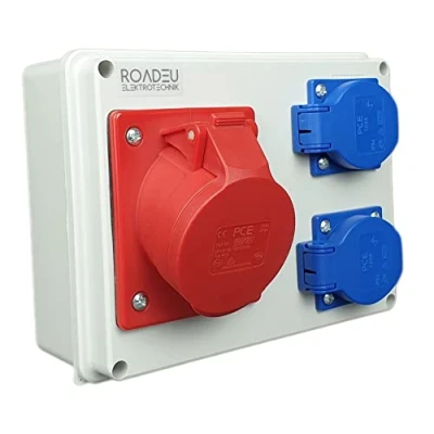 Afbeelding van RoadEu CEE Stroomverdeler CEE16A 5 polig 400V met 2x Schuko 230V contactdooscombinatie. IP44, perfect voor werkplaatsen, garages of loodsen.