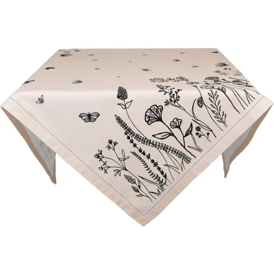 Afbeelding van Clayre &amp; Eef Tafelkleed 100x100 cm Beige Zwart Katoen Bloemen Tafellaken