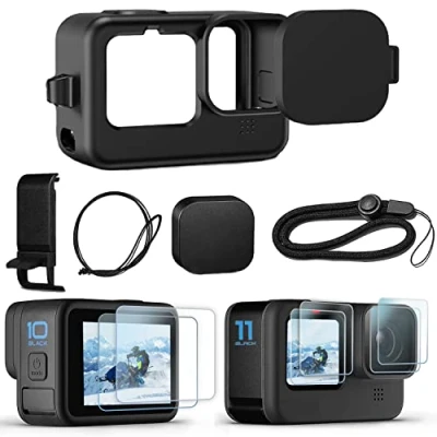 Afbeelding van OKFUN Accessoires Kit voor GoPro Hero 11/10 / 9 Zwart, Siliconen Mouw Beschermhoes met Rubber Lens Cover + Screen Protector Batterij Side Cap Go Pro Hero11 Hero10 Hero9