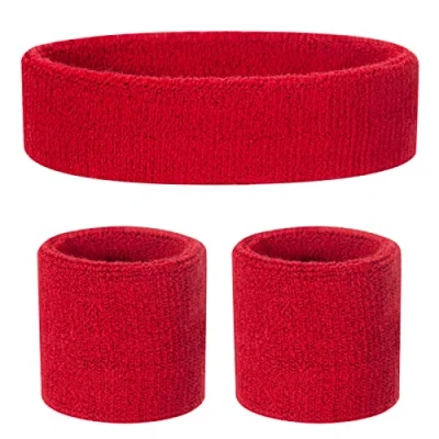 Afbeelding van ONUPGO Kinderzweetbandjes hoofdband polsbandset atletische katoenen zweetband voor sport (1 + 2 polsbandjes) (rood)
