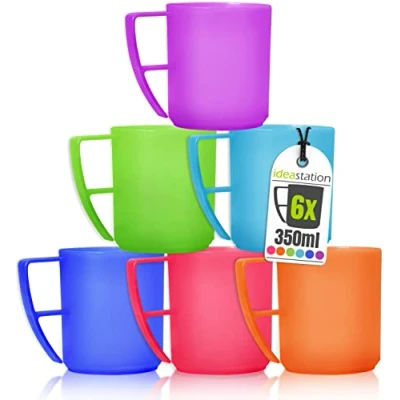 Afbeelding van idea station NEO plastic bekers 6 stuks, 350 ml, kleurrijk, handvat, herbruikbaar, onbreekbaar, koffiemok, kindermok, feestschalen, camping schaaltjes