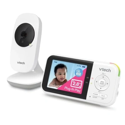 Afbeelding van VTech VM819 Babyvideomonitor met 19 uur looptijd, 304,8 m, automatisch nachtzicht, 7,1 cm display, 2 weg audio, temperatuursensor, energiebesparende modus en Lullabes, wit