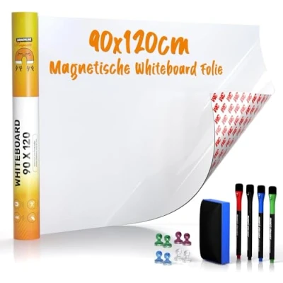 Afbeelding van whiteboardfolie 90 x 120 cm 3M magneetfolie zelfklevend magnetische bordfolie afwasbaar praktische ferrofolie wit incl. 4 markers, grote gum en 8 pinnen