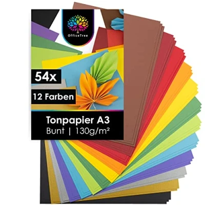 Afbeelding van OfficeTree 54 x gekleurd papier A3 bont 12 kleuren incl. 2 gouden en zilveren vellen kleurrijk knutselpapier 130g/m² karton om te knutselen ontwerpen