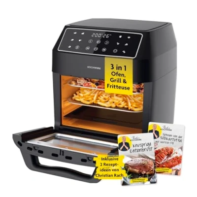 Afbeelding van Rachs KOCHWERK Digitale heteluchtfriteuse, 12 liter, met XXL accessoirepakket, oven, grill en friteuse kijkvenster touchscreen, airfryer zonder olie, 10 programma&#039;s timerfunctie