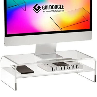 Afbeelding van GOLDORCLE 2 Tier Acryl Monitor Stand Riser Clear Computer voor Laptop PC Printer Lade Opslag Plank