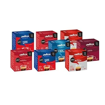 Afbeelding van Lavazza, A Modo Mio, 128 verschillende koffiecapsules, 8 verpakkingen met elk 16 capsules, 2 x Crema en Gusto, Rossa, Passionale, 1 Intenso, Dek Cremoso (originele Lavazza capsules)