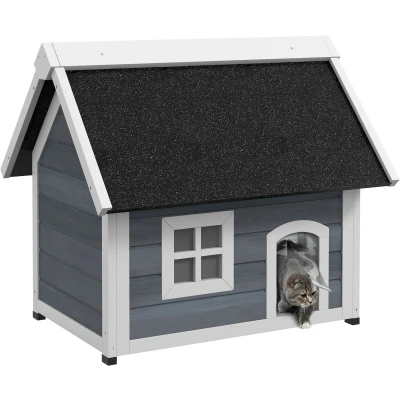 Afbeelding van PawHut Kattenhuis, outdoor kattenmand van hout, met opklapbaar asfaltdak, weerbestendig, kattenhok venster, 3 deuren, 77 x 57,5 68 cm, grijs