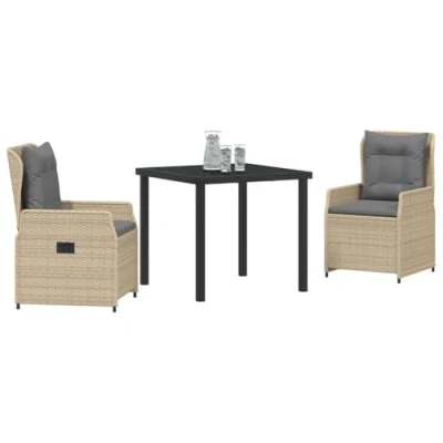 Afbeelding van vidaXL 3 Delige Tuin Eetset Beige Poly Rattan, Tafel Zwart 80x80x73 cm Veilig Glas