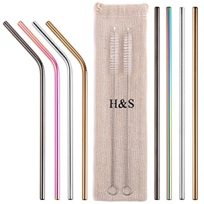 Afbeelding van H&amp;S 8 metalen rietjes, herbruikbare gekleurde roestvrijstalen 2 reinigingsborstelreiniger voor smoothie warme dranken met zak regenboog