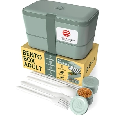 Afbeelding van Umami Bento Lunchbox, bestek en 2 sauspotten inbegrepen, Box, magnetronlunchbox, lunchbox voor volwassenen, inbouwbox, 4 vakken,