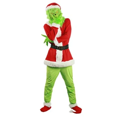 Afbeelding van RPixc Verkleedkostuum voor heren, Kerstmis, outfit feestpak, groen/rood, monstermasker, cosplay, uniek uniform, zoals de Grinch, rood, XL…