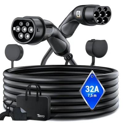 Afbeelding van Tera Oplaadkabel type 2, 22 kW, 32 A, 7,5 meter, 3 fasen, 2 naar Mennekes, gecertificeerd IP55, CE en TÜV snellaadkabel voor elektrische auto VE/PEV, DC 32, zwart