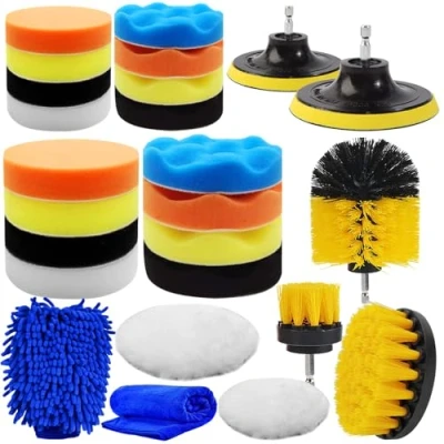 Afbeelding van Yumzeco 25 stuks auto polijstset autoreinigingsset met polijstpads, boorborstels voor reiniging, autowashandschoen microvezel autoreinigingsdoeken, autospons wollen pads wax polish