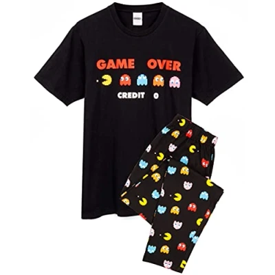 Afbeelding van Pac Man Pyjama Mens Arcade Game Over Black T shirt &amp; Loungewear Joggers PJ&#039;s
