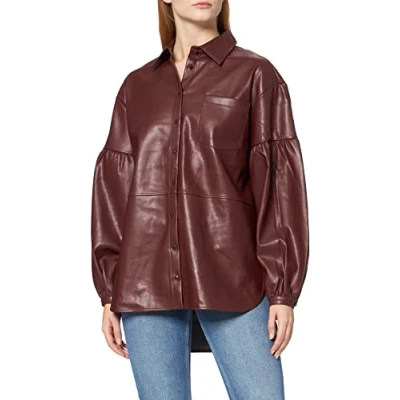 Afbeelding van NA KD Oversized Puff Sleeve Pu Shirt Overhemd voor dames, wijnrood, 32