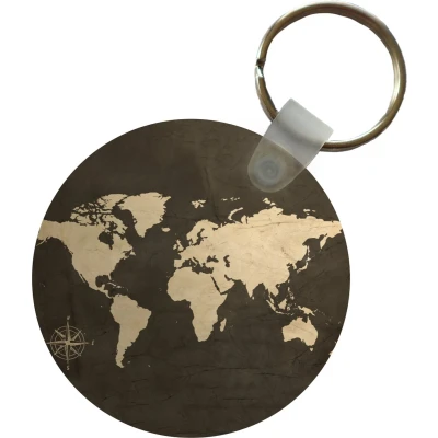 Afbeelding van Sleutelhanger Wereldkaart Windroos Wit Plastic Rond Uitdeelcadeautjes