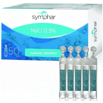 Afbeelding van Symphar NaCl 09% natriumchloride voor inhalatie steriele isotone zoutoplossing 0,9 luchtwegbevochtiging, oog, neus, 50 x 5 ml eenheidsdosisflacons, luchtbevochtigende luchtweg, hoogwaardig