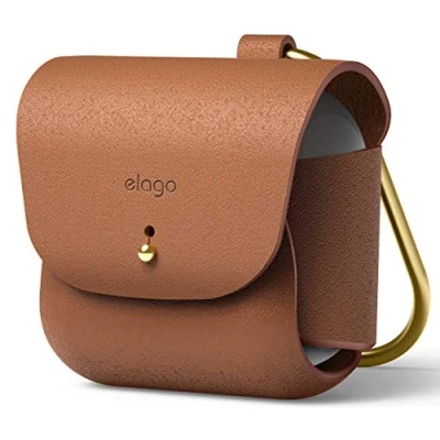Afbeelding van elago lederen Hoesje met sleutelhanger Compatibel AirPods 3 case, natuurlijke koeienhuid koperen ring houder, ondersteunt draadloos opladen (Bruin)