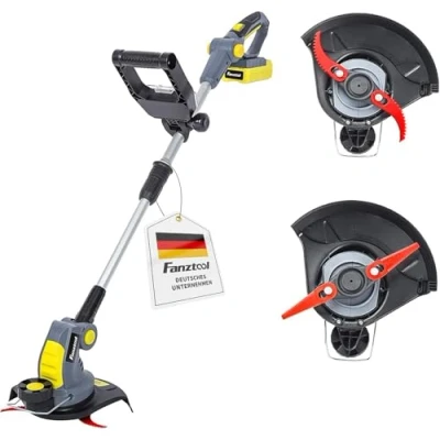 Afbeelding van FANZTOOL Accu grastrimmer, 20 V, inclusief 2 Ah accu, oplader, recht mes voor glad en fijn snijden gebogen messen met tanden grof